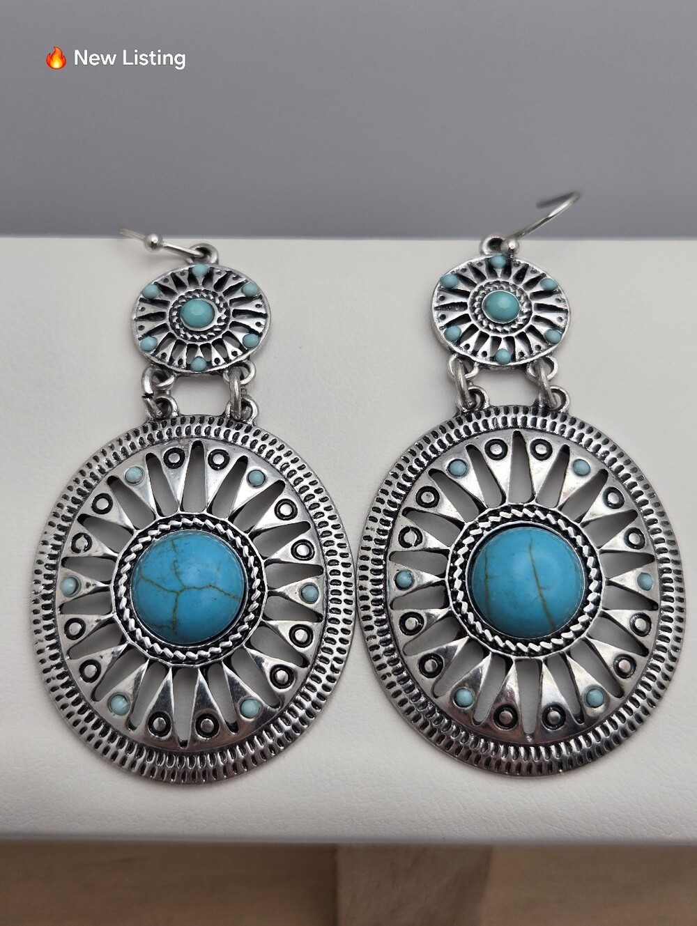 Turquoise Sunburst Dangle Earrings Antiqued Silver 2.5" Western Southwestern